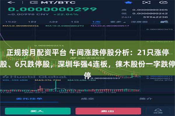 正规按月配资平台 午间涨跌停股分析：21只涨停股、6只跌停股，深圳华强4连板，徕木股份一字跌停