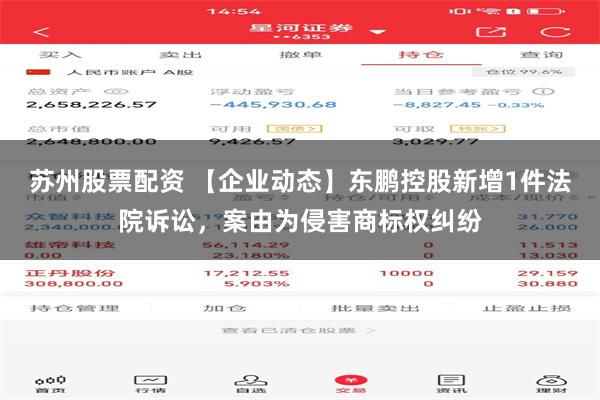 苏州股票配资 【企业动态】东鹏控股新增1件法院诉讼，案由为侵害商标权纠纷