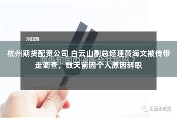 杭州期货配资公司 白云山副总经理黄海文被传带走调查，数天前因个人原因辞职